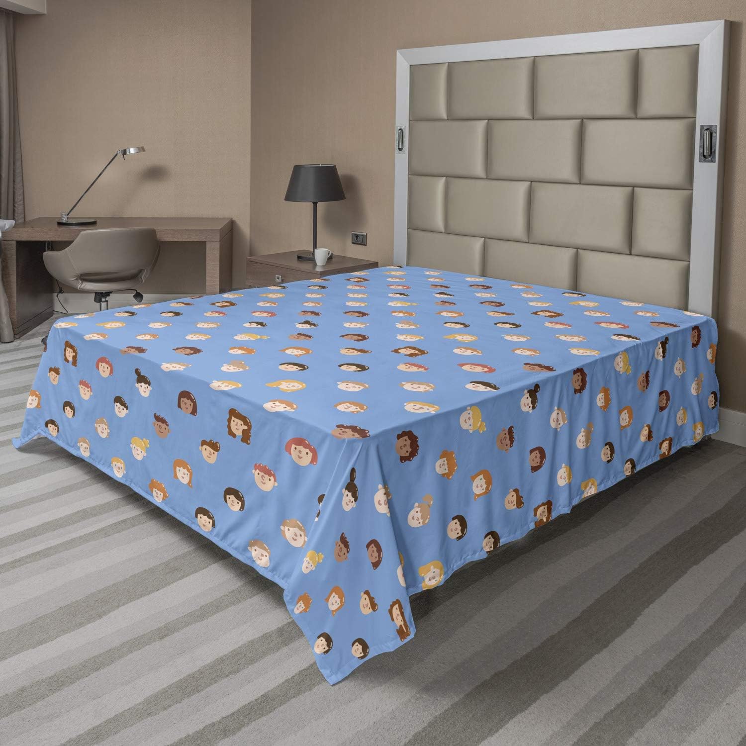 Ambesonne Childish Flat Sheet, Boys and Girls Faces Teenager Youth Portraits Multicultural Ethnicity, Soft and Comfortable Top Sheet Decorative Bedding 1 Piece, Full Size, Sky Blue Orange Redwood