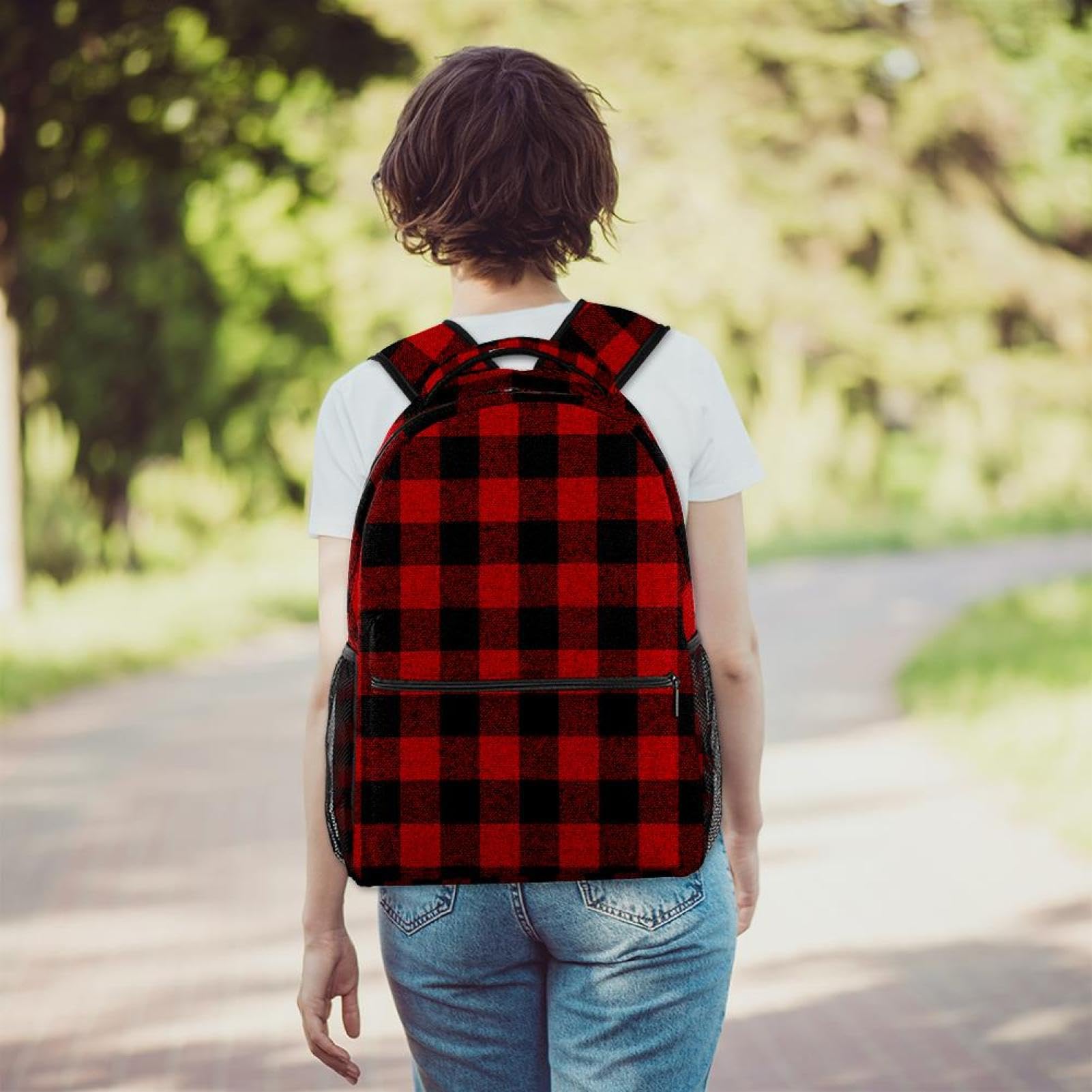 Zaino scolastico per uomini e donne, borsa da viaggio per computer portatile con griglia nera e nera, zaino leggero per università, zaino casual per libri