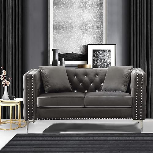 Miniatura 21 de mikibama Sofá biplaza de terciopelo con botones y brazos cuadrados de 59 pulgadas, sofá capitoné con tachuelas decorativas recortadas y patas de