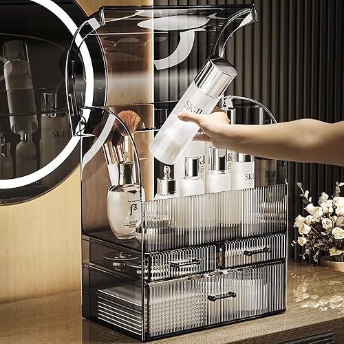 Miniatura 3 de MOOCHI Patrón de rayas negras translúcidas organizador de maquillaje cosmético grande profesional a prueba de polvo a prueba de agua cosméticos