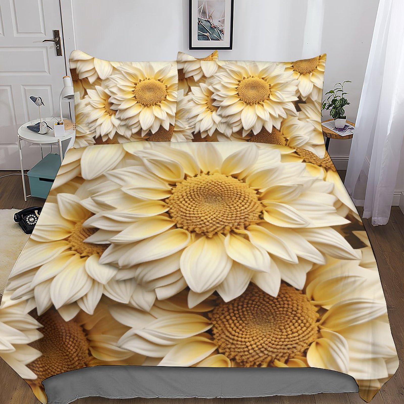 Parure de lit chrysanthemum artistic yellow avec housse de couette imprimée 3D 3 pièces