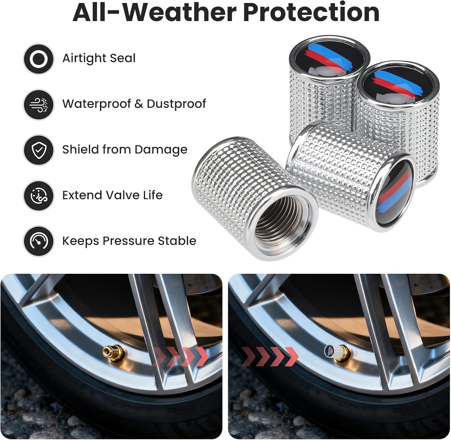Car Tire Valve Caps for BMW All Models, 4Pcs Universal Metal Valve Stem Caps Auto Wheel Center Air Valve Covers for Car SUV Truck Motorcycle Bicycle (Silver)
