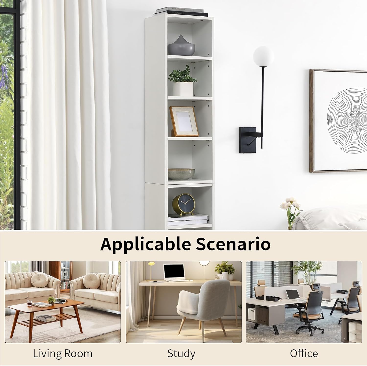 LKTART 8-Tier Tall Narrow Bookcase, Versatile Detachable Bookshelf with Storage Space, Slim Media Tower Rack with Adjustable Shelves for Small Space, Bedroom, Living Room and Office, White