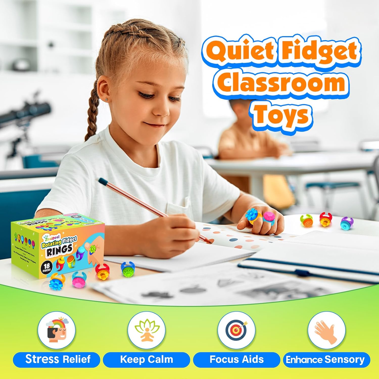 Fidget Rings Sensory Valentine Day Gift for Kids: 18 Pack Fidget Stress Spinner Rings- Autism Sensory Toy for Special Needs ADHD- Quiet Fidgets for Classroom Prizes Travel Toys