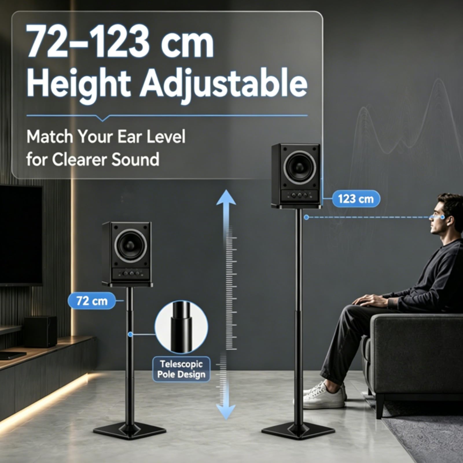 Supporti per diffusori, set di 2 supporti da pavimento universali per diffusori surround, regolabili in altezza da 72 a 120 cm, portata di 25 kg ciascuno, sistema di gestione dei cavi, antiscivolo