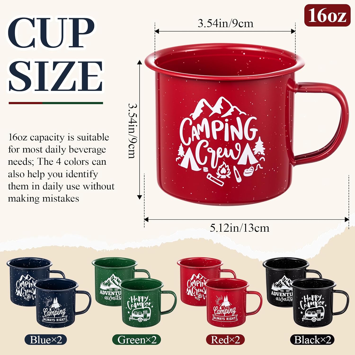 Condition photo showing New/Like New for mimorou 8 pcs enamel camping mugs 16 oz outdoor coffee cups nostalgic speckled enamelware mug with printed design for hot cold beverages durable cup for happy camper adventure home travel beach 8 16 oz