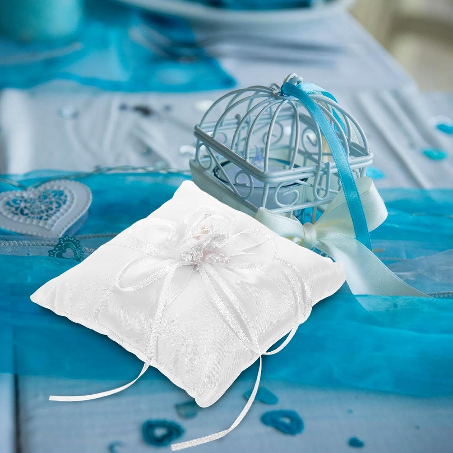 VALICLUD Wedding Ring Pillow Bowknot Cushion White Square Decorative Ring Bearer Pillow with Artificial Flower for Wedding Party Ceremony