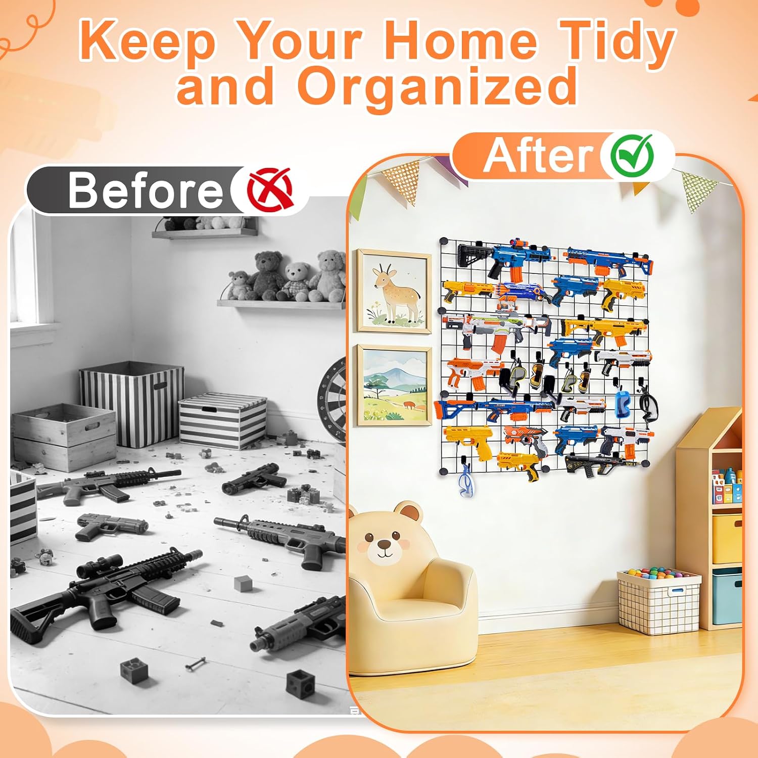 Upgraded Wall Mount Toy Gun Storage Organizer,Organizer for Toy Guns with Shooting Practice Target Toys Storage Bag and Hooks,Toys Gun Rack Gun Holder for Foam Blasters Guns Accessories Game Room