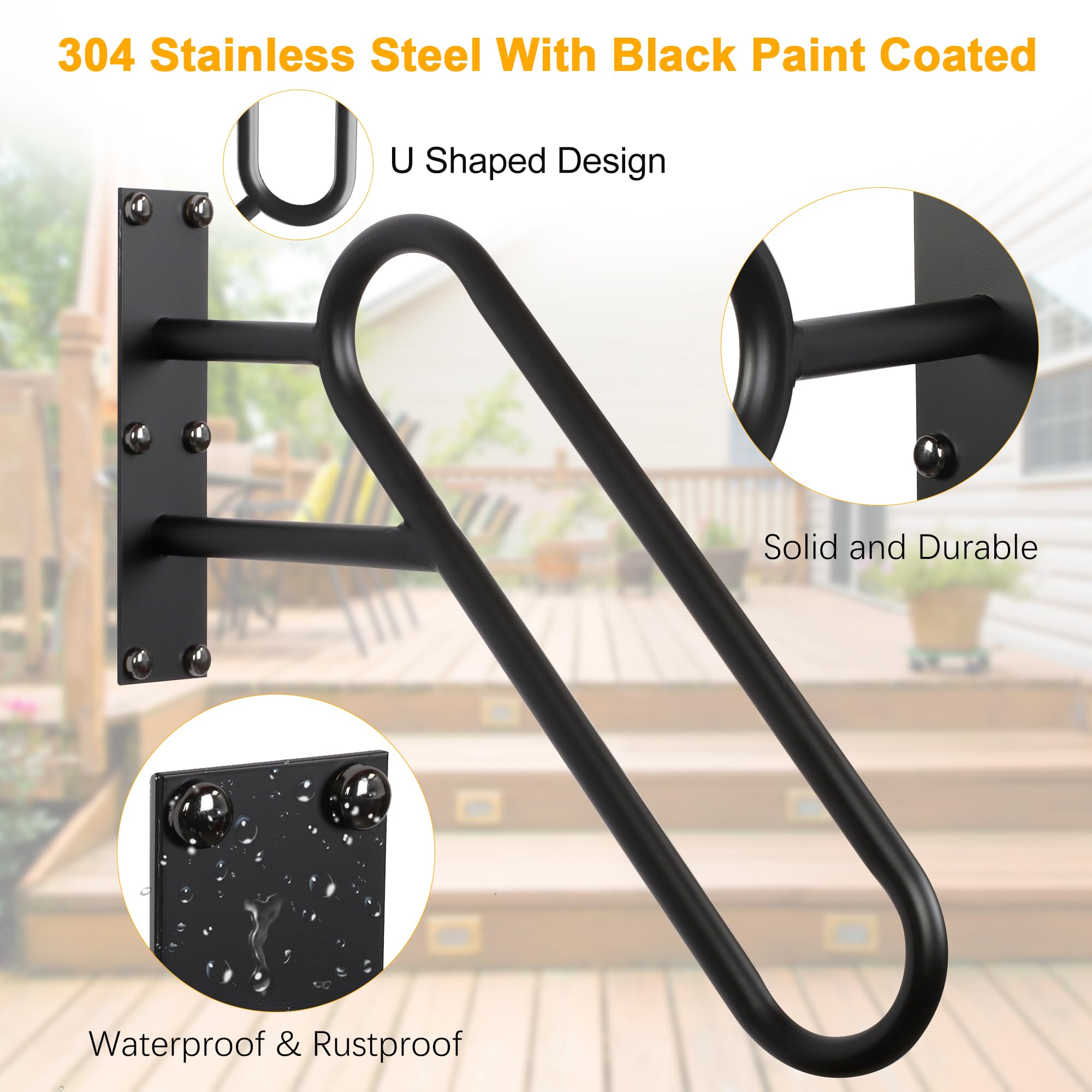 lukar 2 PCS Metal Handrails for Outdoor 1-3 Steps, Wall Mounted Stair Hand Railing, U Shaped Grab Bar for Porch Garden Garage (23" Length)