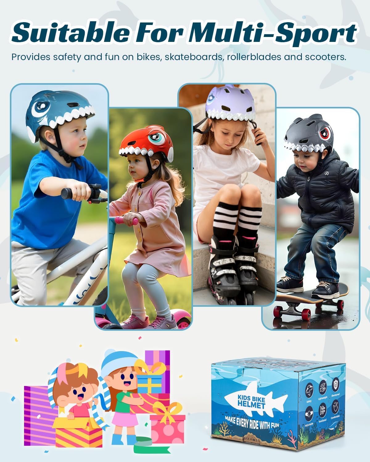 Casco Bicicleta Niño 3D Animados Casco Bici para Niños y Niñas de 3-8 Años Ajustable Casco Bici Bebe con Juego Protectores para Bicicleta, Patinete y Skateboard (Azul, S: 50-54 cm)