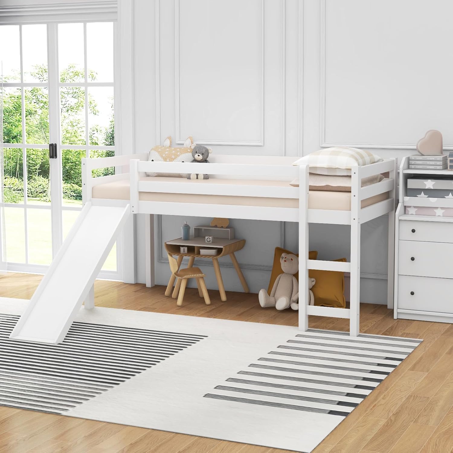 DORTALA Twin Loft Bed with Slide in a child's room