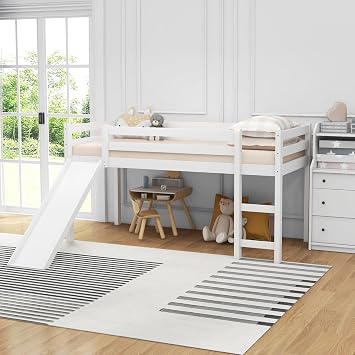 سرير DORTALA Twin Loft مع شريحة ، إطار سرير مزدوج للأطفال ، الأطفال الصغار ، جونيور ، سرير Loft Loft مع شريحة ، سلم ، قضبان حارس السلامة ، لا حاجة لربيع مربع ، حجم مزدوج ، أبيض   