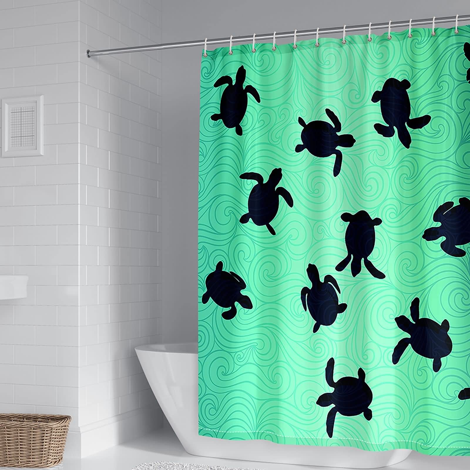 Rideau douche tortue noir cyan 150x200 lavable textile polyester
