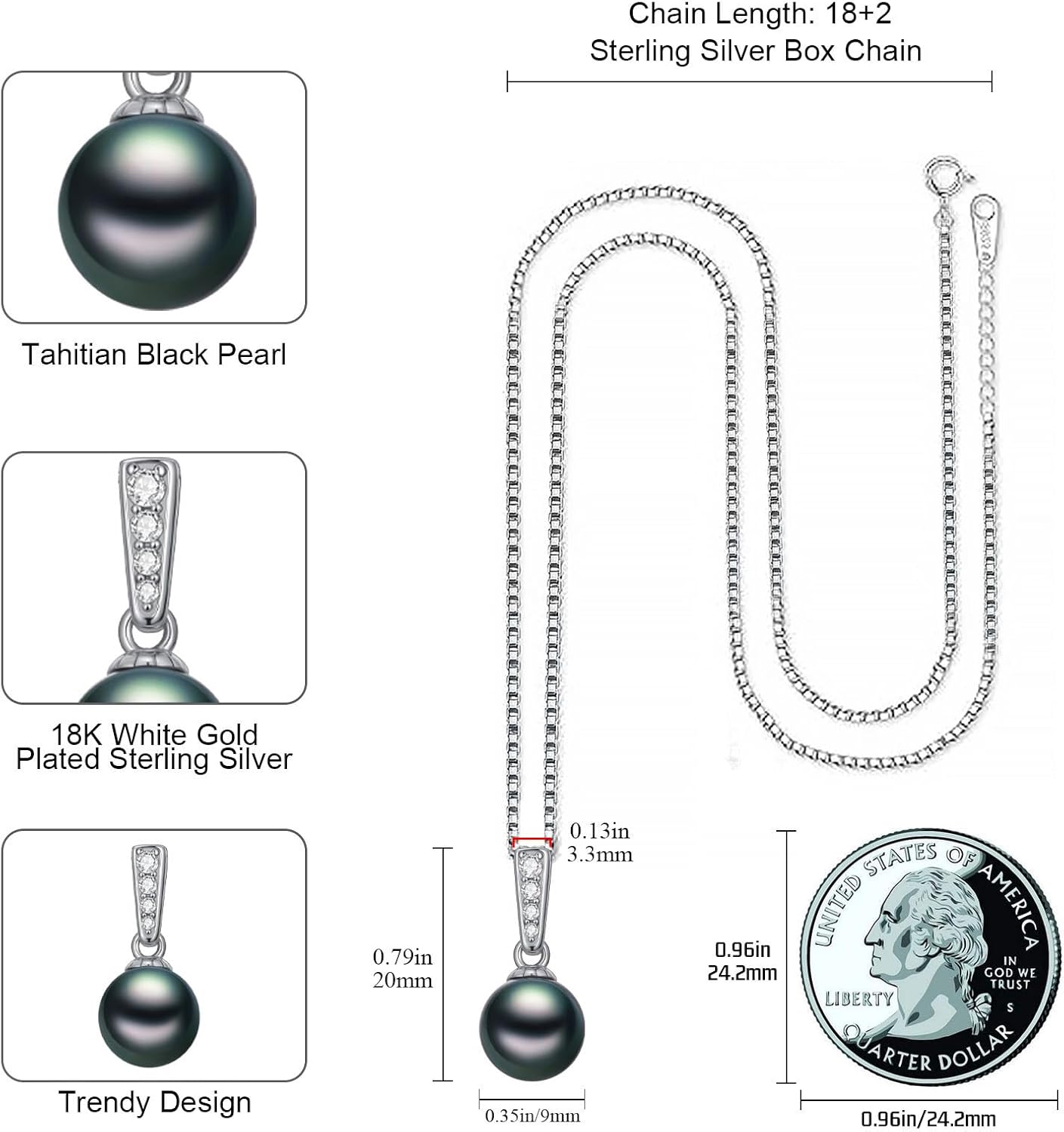 Tahitian Black Pearl AAAA 18K White Gold Plated Sterling Silver Pendant Necklace for Women Wife Mom Girlfriend Her Jewelry Gift for Birthday Anniversary Christmas - Image 6
