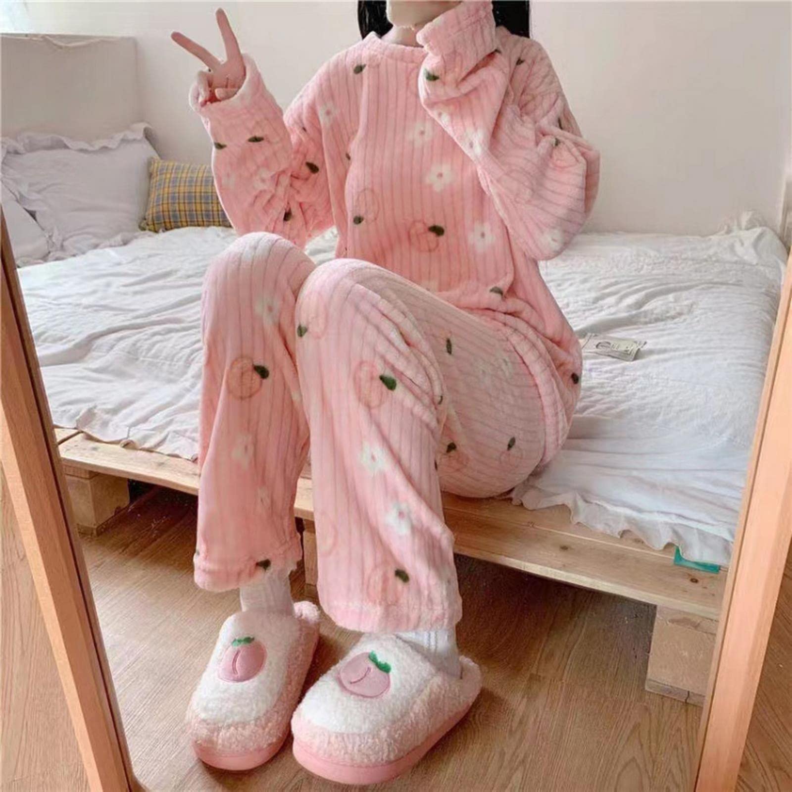 MOGSA Pijama para mujer, conjunto de pijama cálido para otoño e invierno, estampado de melocotón, ropa de dormir suave para mujer, conjunto de 2 piezas