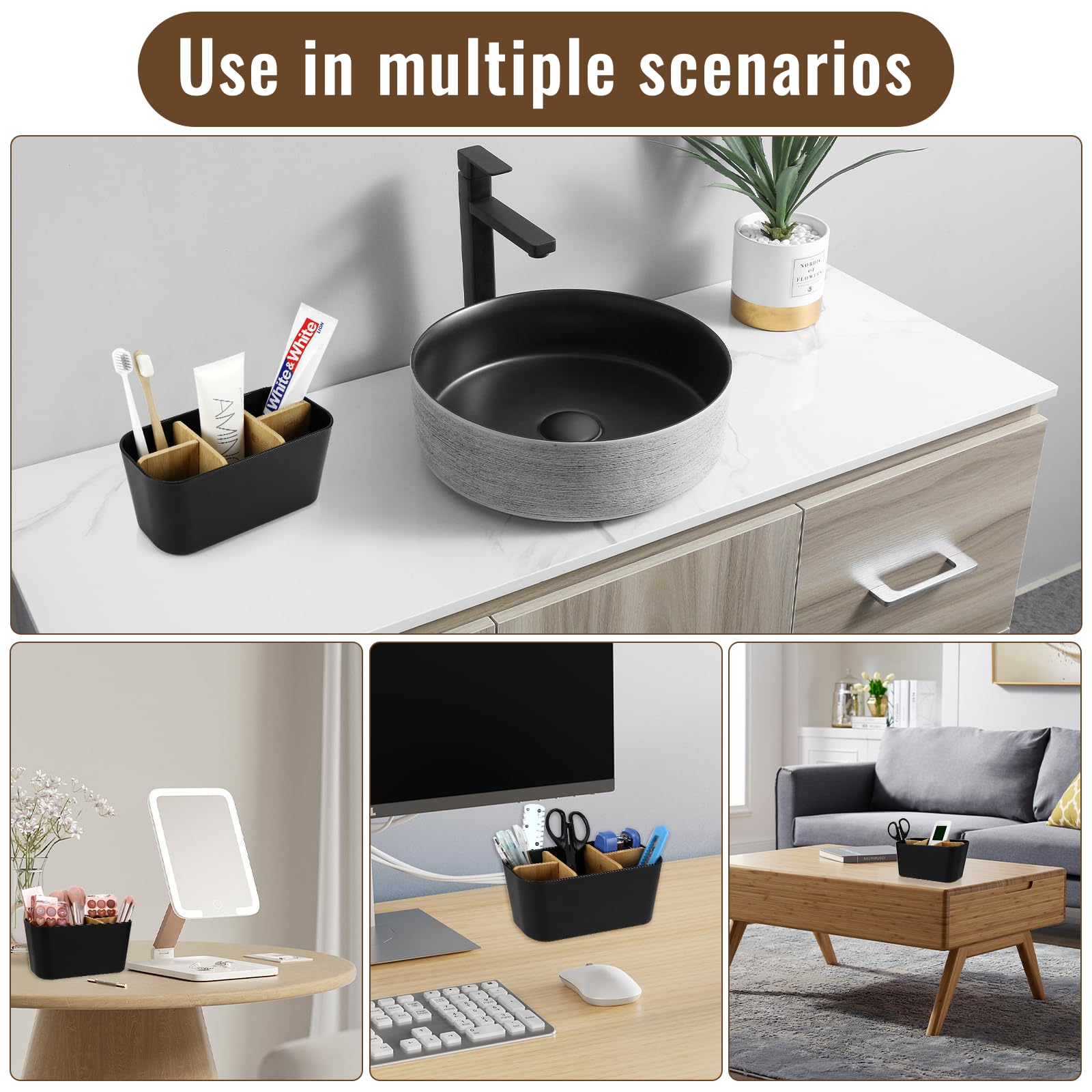 Portaspazzolini Da Bagno Multifunzione - Grigio, Staccabile Con Base Antiscivolo E Fori Di Drenaggio - Foto 2