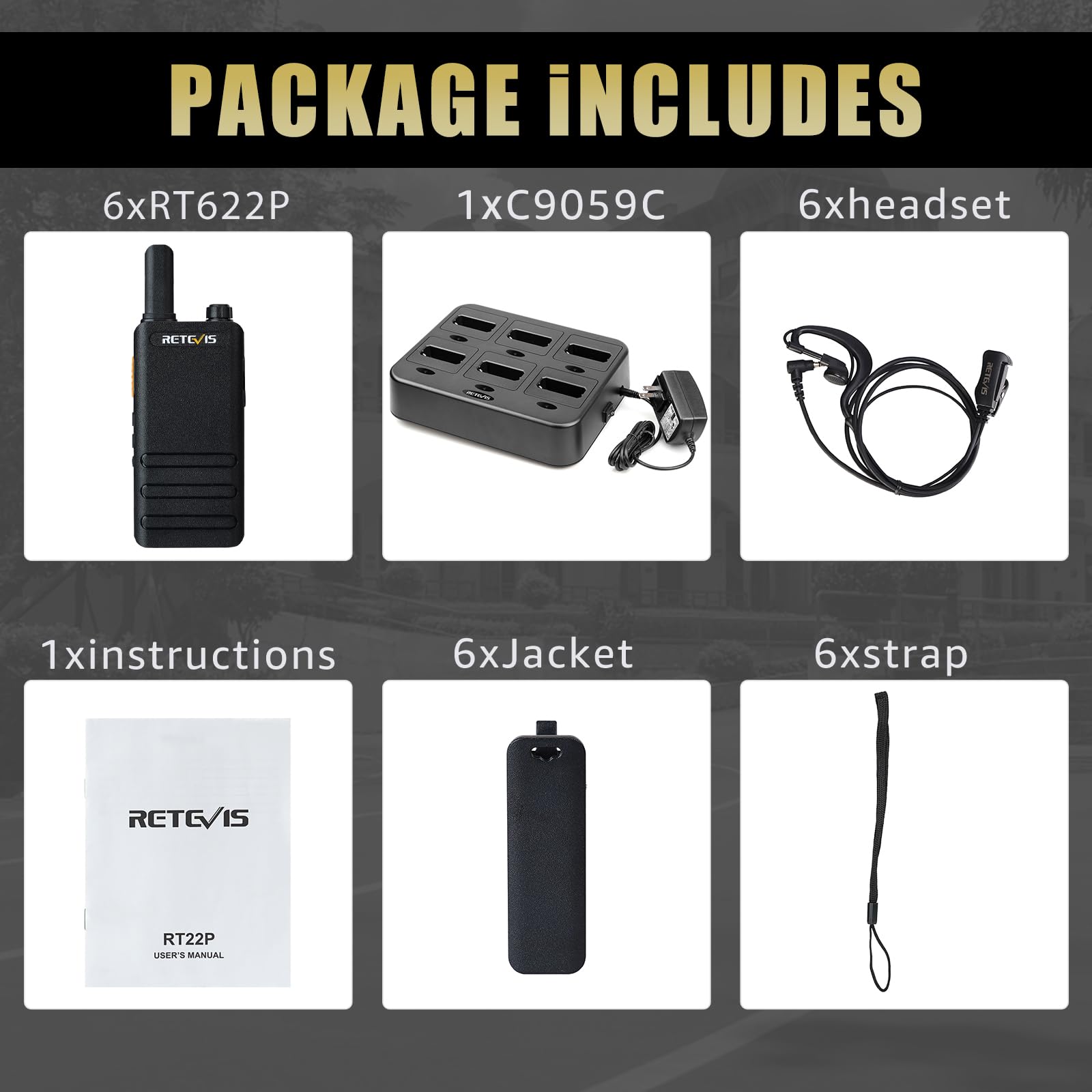 Retevis RT622P Walkie Talkies für Erwachsene, Wiederaufladbares Funkgerät mit 6-Wege-Ladegerät, 1620 mAh, 15 mm Ultradünn, VOX- PMR446 Walkie Talkie mit Ohrhörern für die Schule (6 Stück, Schwarz)