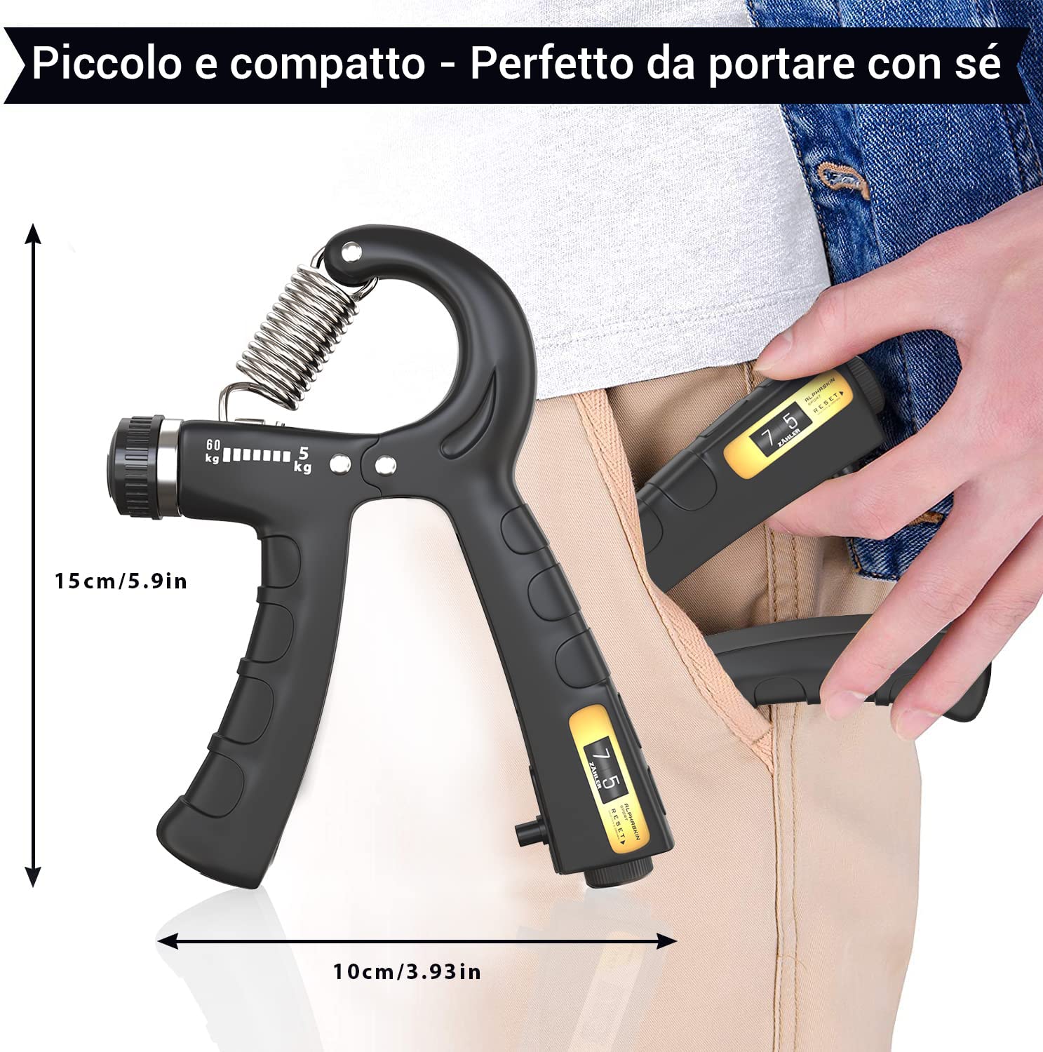 ALPHASKIN© Allenatore della Mano | Hand Grip | Allenatore della Forza della Presa | Set da 2 o Set da 5 | Attrezzi Palestra | Attrezzi Palestra casa