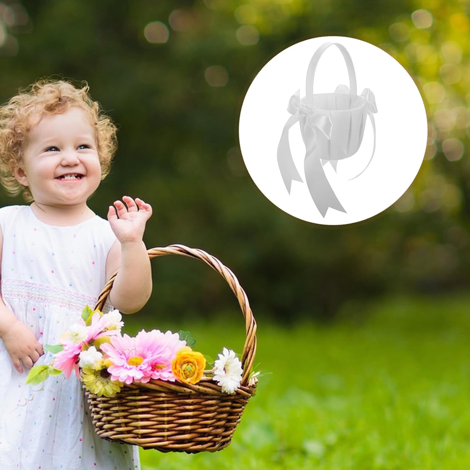CALLARON Flower Girl Basket with Large Bowknot, Ivory Wicker Petal Holder, Wedding Candy and Flower Basket for Western Bridal Ceremony