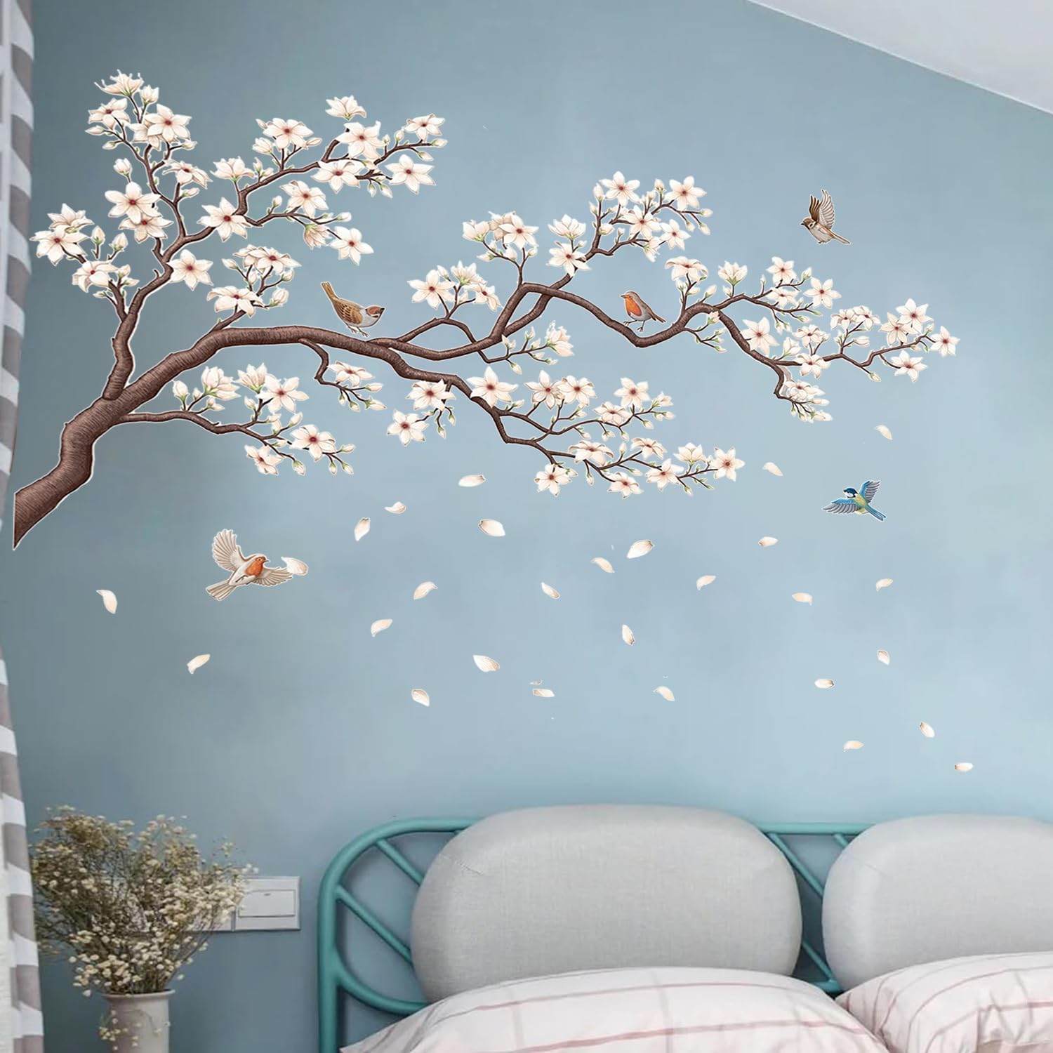 Large White Flower Wall Stickers, 31.5"x 59" Removable DIY Romantic Cherry Blossom Tree Wall Murals Peel and Stick 3D Wall Art Stickers Home Decor for Girls Bedroom Nursery Rooms Living Room
