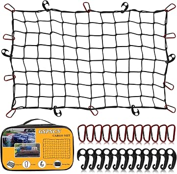 GSPSCN Cargo Net 3 x 4 for Truck Pickup Bed, Trailer,Boat,RV SUV Stretched to 9x12 Max Roof Rack Net, 4x4 Mesh Heavy Duty Bungee Cord Net for Tacoma,Frontier,Colorado & Subaru Crosstrek