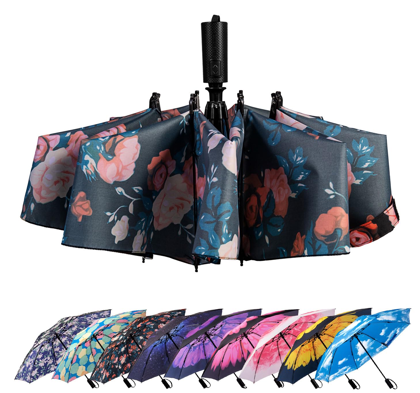 LANBRELLA Compact Reverse Folding Umbrella Auto Windproof Travel Umbrella