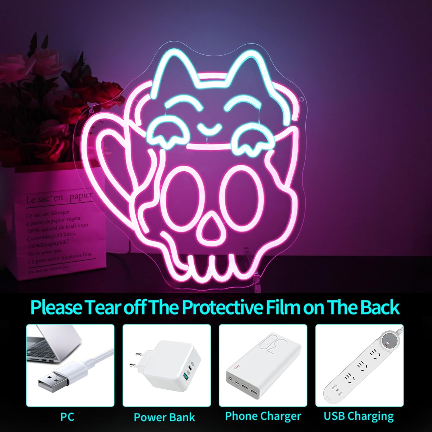 Neon Sign, HSJNJKFU Cat Coffee Cup Neon Signs for Wall Decor LED Sign for Room Cafe Home Party Birthday Bar Beer Signs - USB Powered. - Image 4