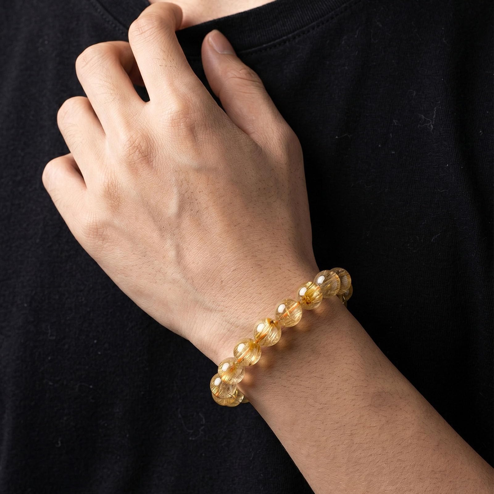 Bracciale in quarzo rutilato dorato naturale, braccialetti unisex cristallo | Braccialetti elasticizzati fatti a mano per la meditazione Yoga, guarigione spirituale con cristalli chiari e luminosi