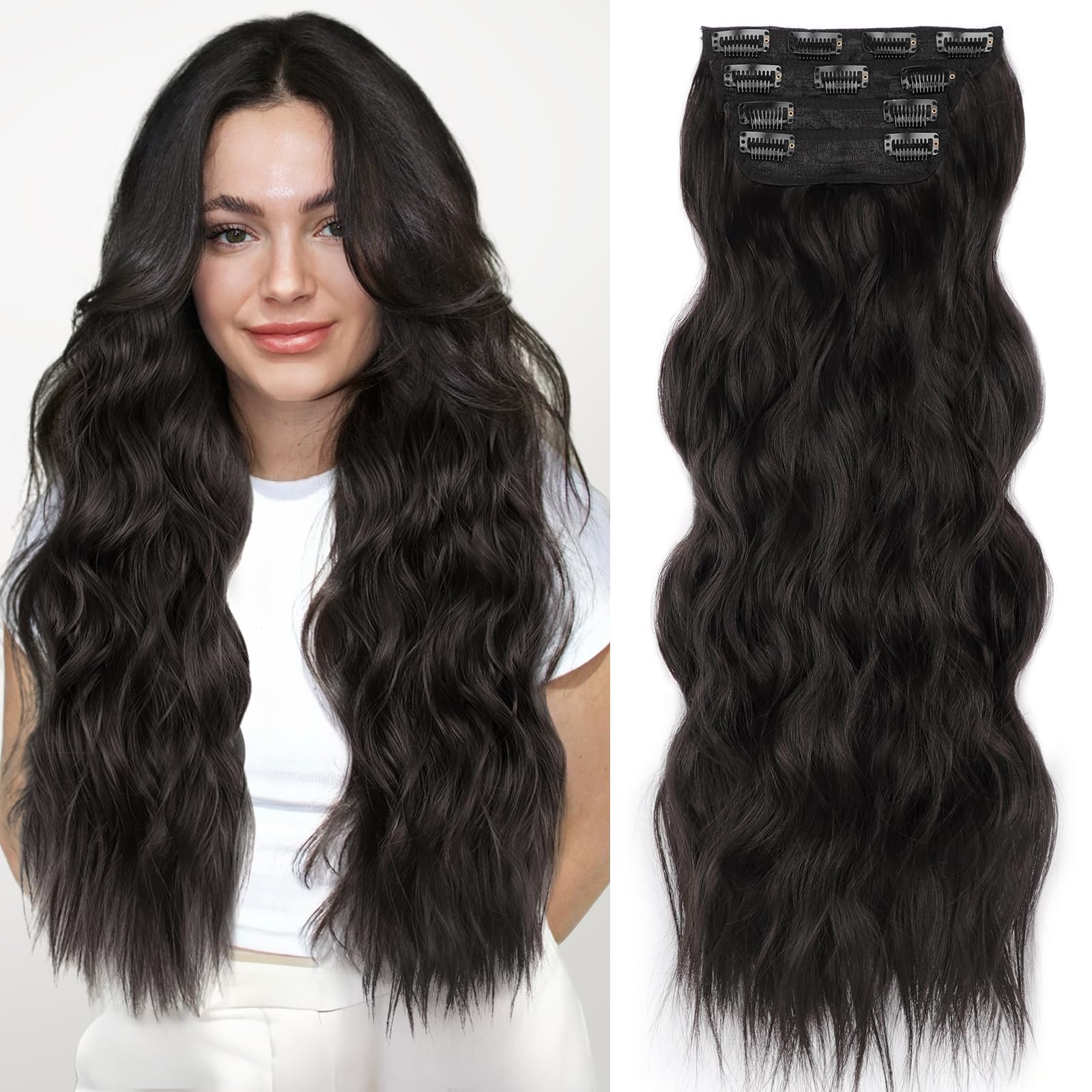 ALXNAN Clip in Long Wavy Synthetic Hair Extension 24 Inch Black Brown 4PCS Thick Hairpieces Fiber Double Weft Hair for Women