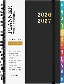 Agenda 2026-2027 Planner Weekly and Monthly, Jul-Jun, 5.5 x 8.2 in, Black