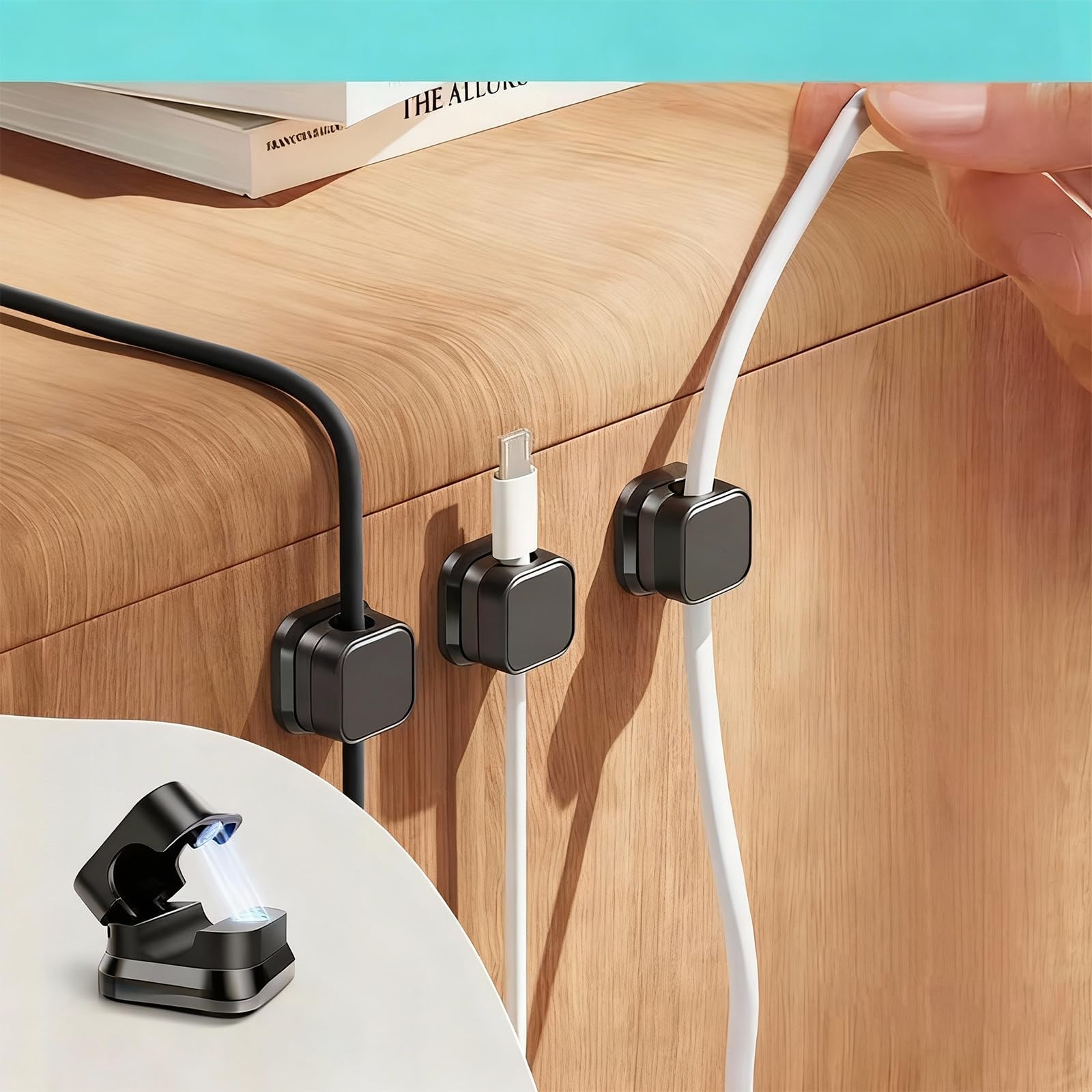 Cable Management System with Magnetic Clips, Black Desktop Wire Organizer, Universal Charging Cable Holder for USB-C Cables