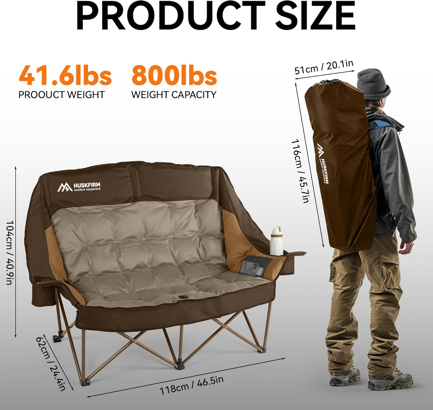 Huskfirm High Back Double Camping Chair 2 Person Camping Chair Low Seat Loveseat Camping Chair Fully Padded Oversized Camping Couch for Adults - Supports 650 LBS with Cup Holders Carry Bag - Brown