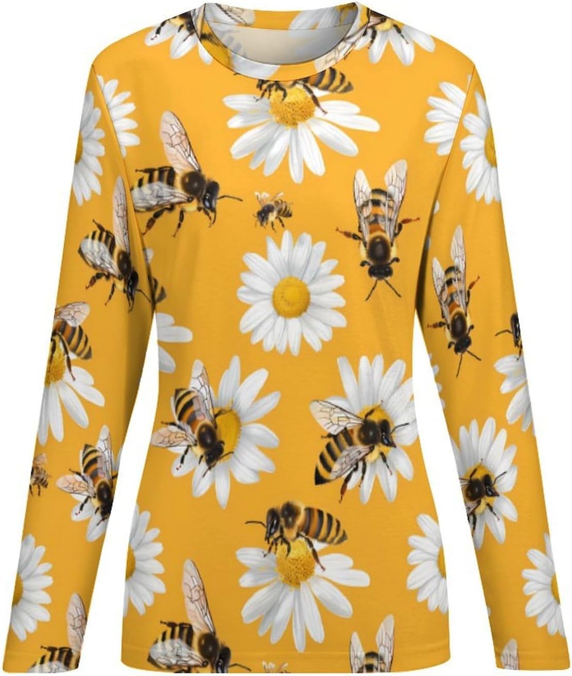 Cute Bee Flowers Women's Pajama Top Sleepwear Pajamas Sleep T-Shirt Long Sleeve Shirt Crewneck Tee