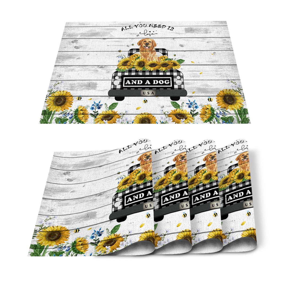 Chic D Rustic Truck Wood Sunflower Indoor Placemat Set of 4, Non-Slip Placemats for Kitchen/Dining Table/BBQ/Patio/Parties...
