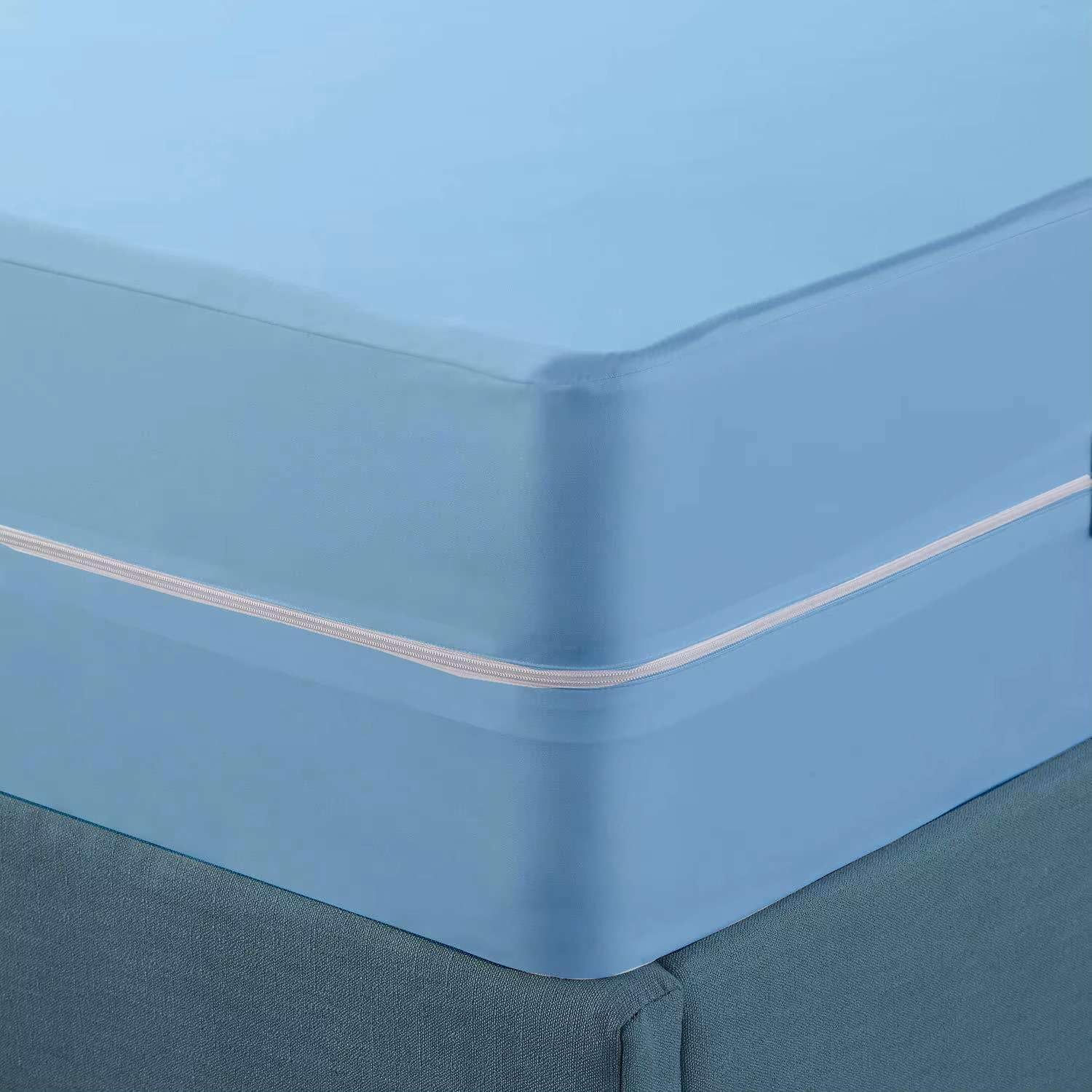 Zipper Fitted Sheet Queen - Deep Pocket 12 Inch Microfiber Mattress Cover - Soft, Durable, and Wrinkle-Resistant Queen Size, Light Blue