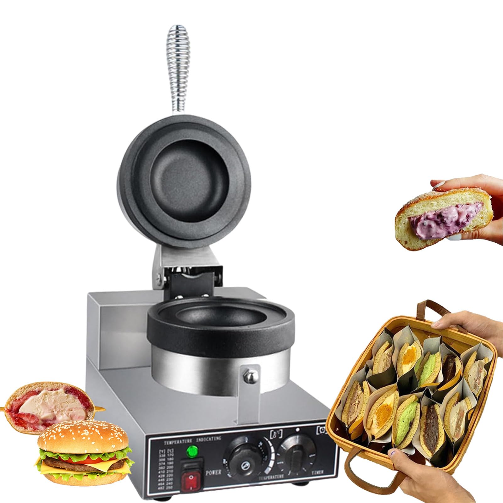 Prensa para panini de 1200 W, máquina para hacer panini, brioche, hamburguesas, calentador comercial de Krapfen, máquina para hacer panini, donuts, rosquillas, calentador eléctrico de Krapfe