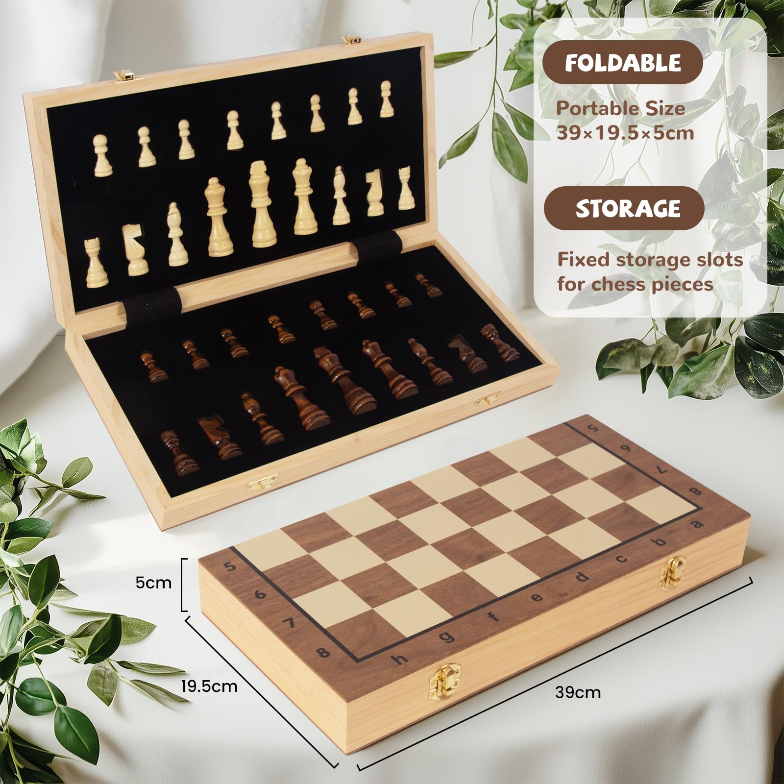 WOODENFUN Schachspiel Magnetische Holz für Erwachsene und Kinder Faltbares Schachbrett 40x40cm Tragbares Schachspiel Nuss- und Kiefernholz(Braun Große Faltung)