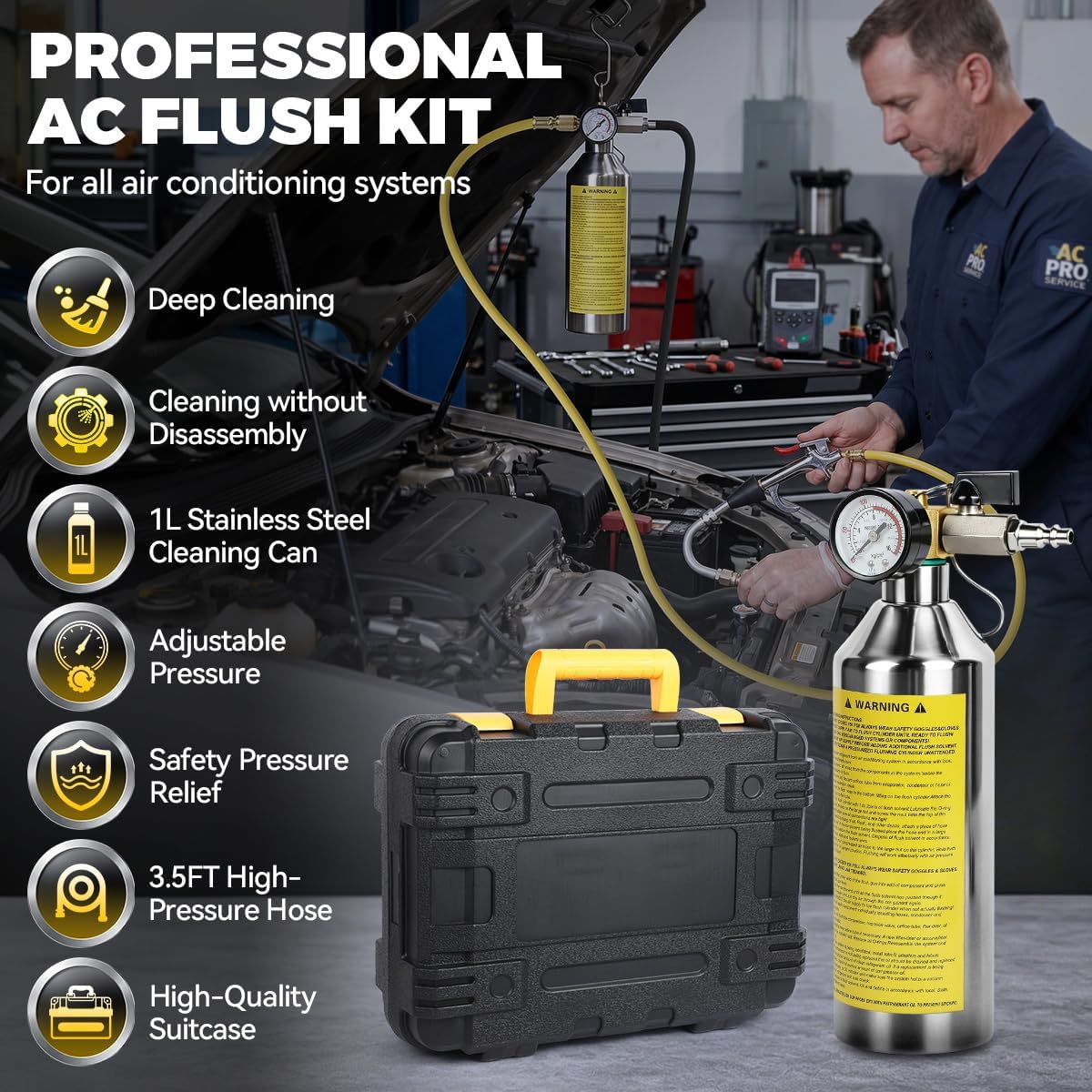 Autory AC Flush Kit Home & Automotive AC System Flush Kit with 1L Stainless Steel Bottle, 3.5Ft Flushing Hose AC Flush Tool HVAC Flush Kit for Condenser, Evaporator, Piping