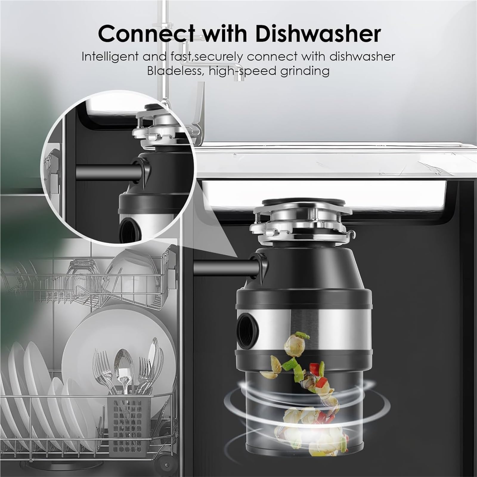 Triturador de residuos de alimentos, máquina trituradora de basura bajo el fregadero de 1,4 L con 4000 rpm, interruptor neumático, contenedores de eliminación de residuos automáticos