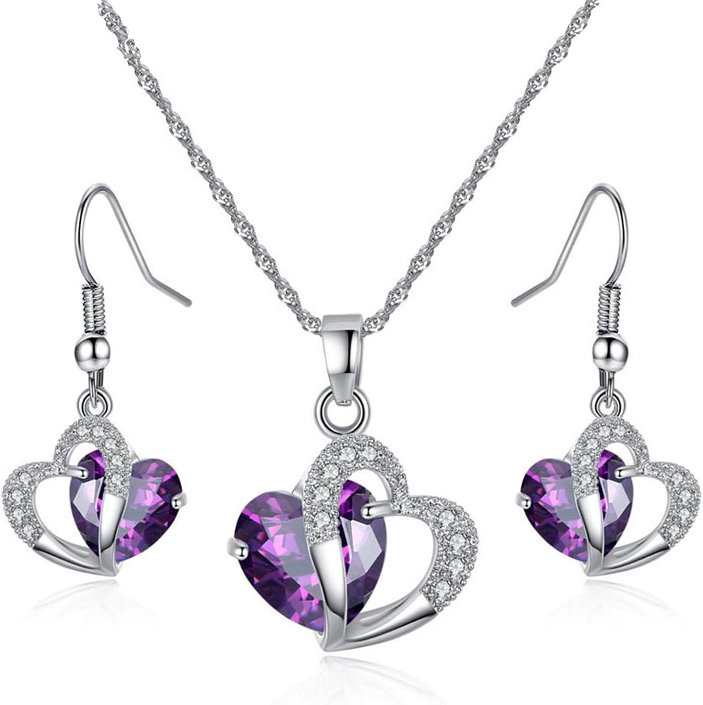 Women Double Heart Jewelry Sets Purple Crystal Silver Cubic Zircoia for Ladies