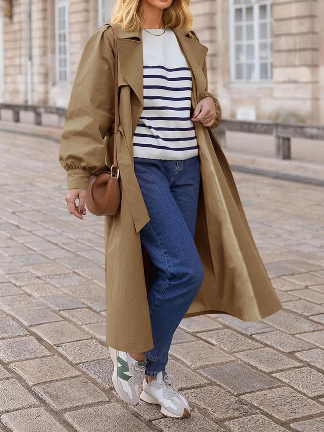 Tankaneo Womens Long Trench Coat Fall Fashion Oversized Double Breasted Lapel Overcoat Outerwear with Belt - Image 2