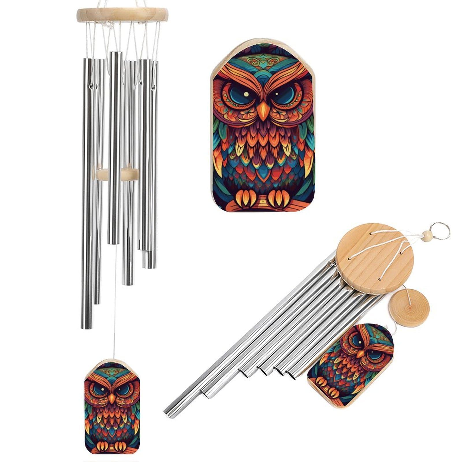 Color Owl Pattern Wind Chimes for Outside House Warming Gifts, Deep Tone Soothing Melodic Tones Windchimes, Memorial Wind Chime for Home Garden Decoration Aluminium Large Wind Chimes