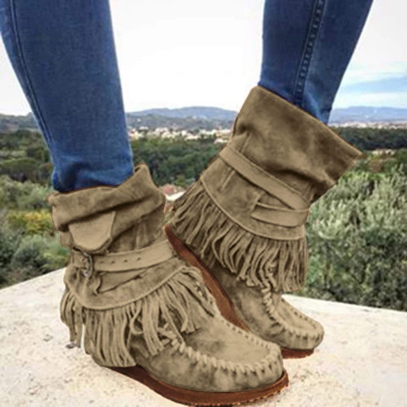 Vintage Boho Cowboy Boots for Women Western Ankle Booties with Chunky Block Heel Western Cowgirl Fringe Tassel Buckle