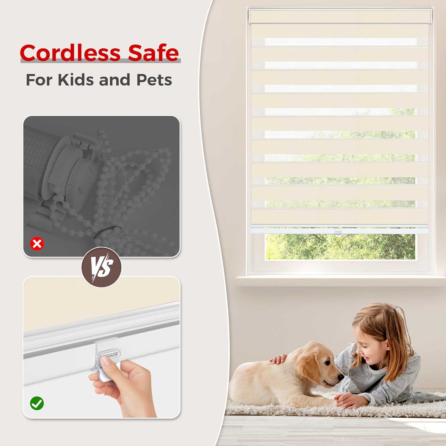 Allesin Zen Cordless Zebra Blinds for Windows Free-Stop Roller Shades(Beige,21" W x 48" H) Dual Layer Light Filtering Privacy for Day and Night, Home,Office,Bedroom,Bathroom