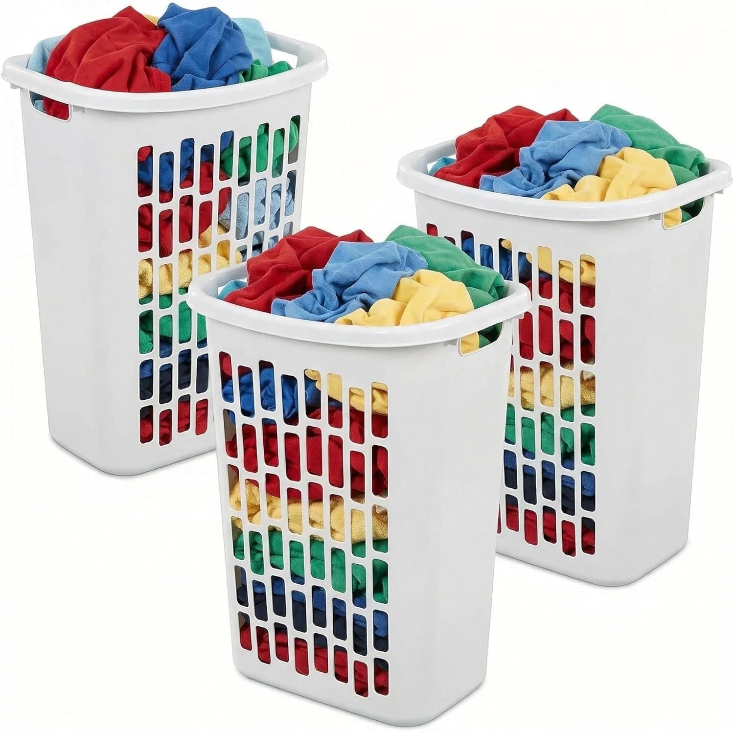 White, 3-Pack –Rectangular Open Plastic Hamper for Narrow Spaces, for Bathroom, Dorm, or Apartment
