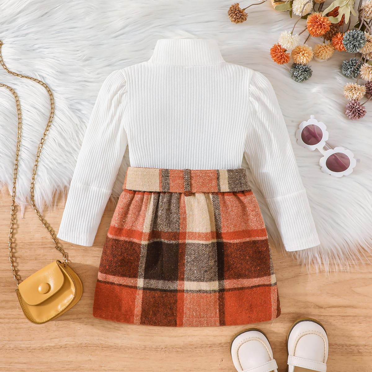 Noubeau Toddler Girl Fall Winter Clothes Cute Puff Sleeve Top Plaid Mini Skirt Girls A-line Dress 2-8 Years