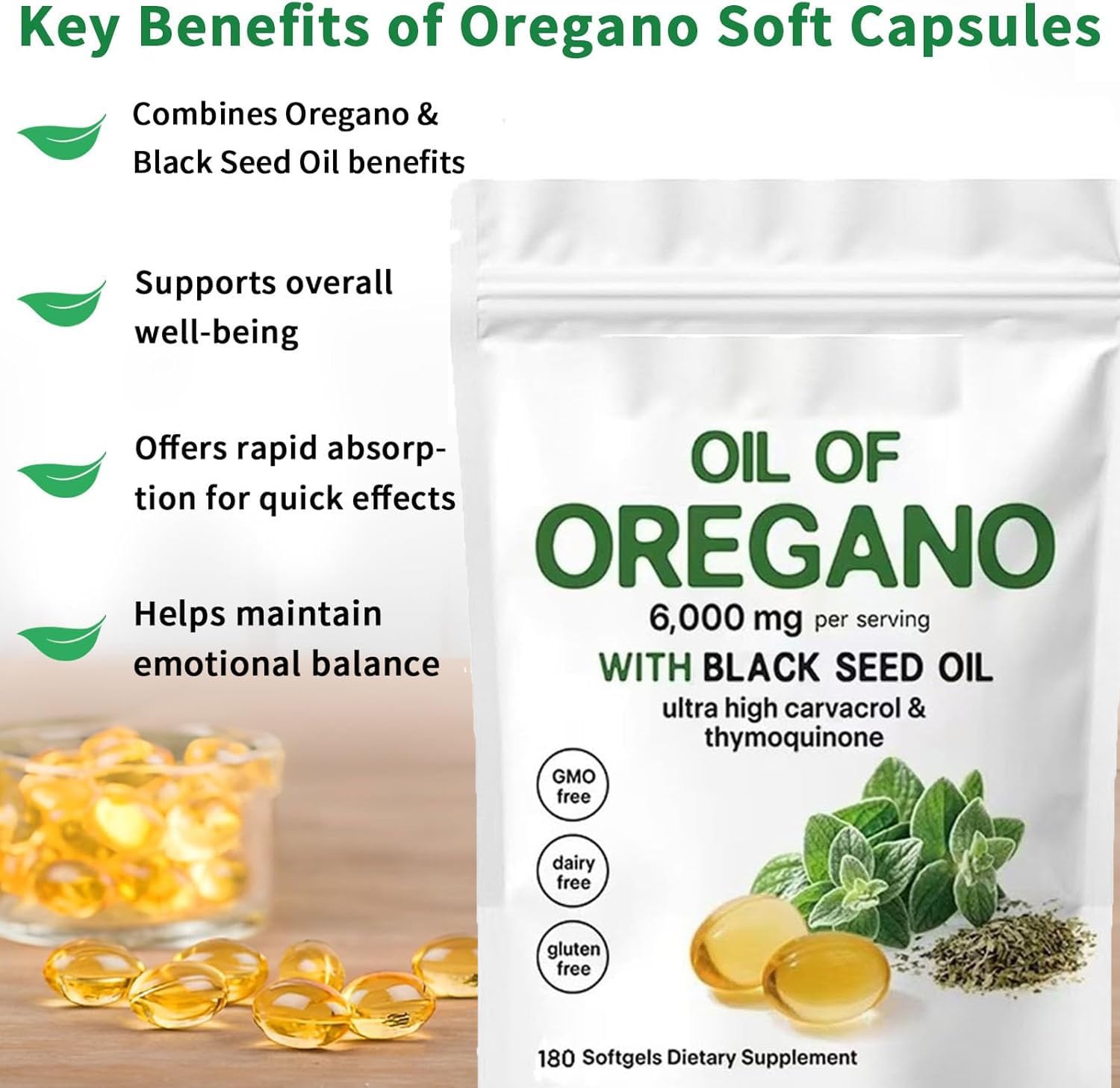 Resilia Oil of Origano Softgels, Resilia Oil of Origano con 6000 mg di olio di semi neri, capsule di integratore di origano, non OGM, immunità naturalmente, ricco di nutrienti, esperienza di benessere