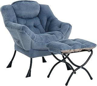 Cozy Lazy Chair and Ottoman, Plush Blue Large Contemporary Accent Lounge...