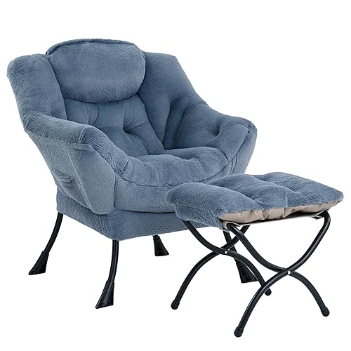 Cozy Lazy Chair and Ottoman, Plush Blue Large Contemporary Accent