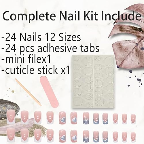 Miniatura 6 de 24 uñas postizas a presión con punta francesa, uñas postizas cuadradas medianas, uñas postizas de cobertura completa con diseños de purpurina azul,